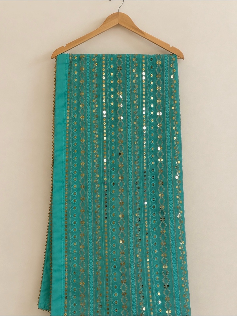 Duppatta scarf stole teal green shade. Embroidered gold thread sequins work nwot